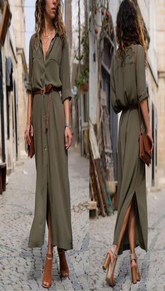 

spring summer 2020 women long dress long sleeve button aline solid shirt dresses with belt summer dress vestidos7733349, Black;gray