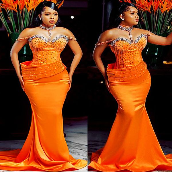 

2023 aso ebi orange mermaid prom dress beaded crystals evening formal party second reception birthday engagement gowns dresses robe de soire, Black