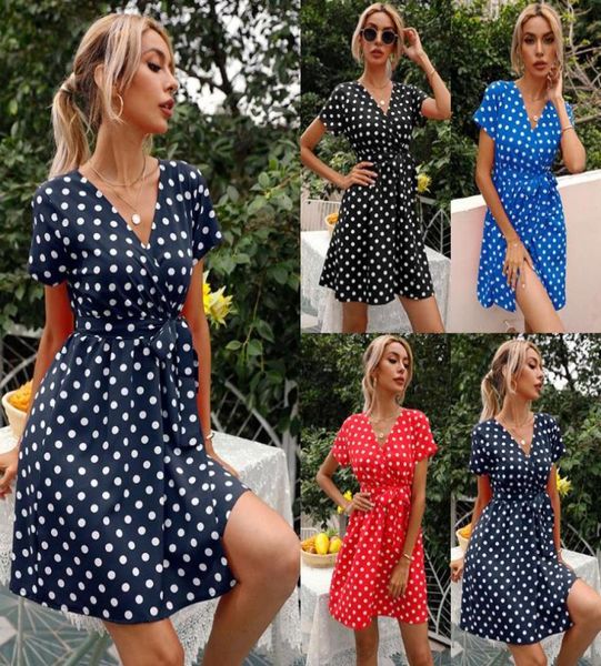 

summer women polka dot print mini dress 2021 casual elegant strappy split short sleeve red korean fashion ladies clothing dresses2045124, Black;gray