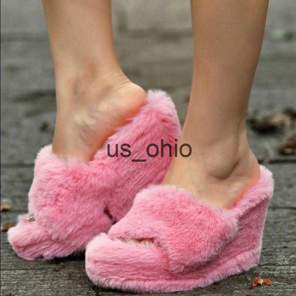 

slippers women slippers platform shoes outside casual wedges flops ladies solid color fur slides females 2021 highheels chaussure femme j230, Black