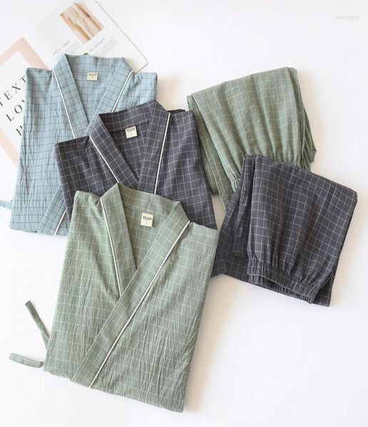 

men039s sleepwear men traditional japanese pajamas set robe pants kimono haori yukata soft gown cotton gauze green plaid print9361240, Black;brown