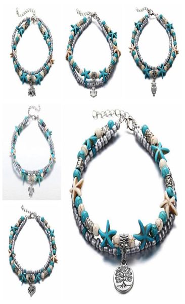 

7 styles summer beach turtle shaped charm rope string anklets for women ankle bracelet woman sandals on the leg chain foot jewelry1923532, Red;blue