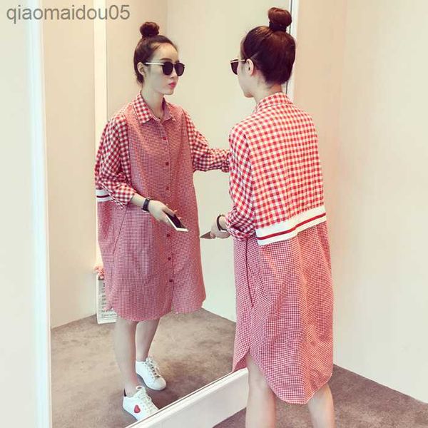 

303# maternity clothes spring autumn cotton thin long sleeves plaid loose stylish shirt dress for pregnant women mom dress l230712, White