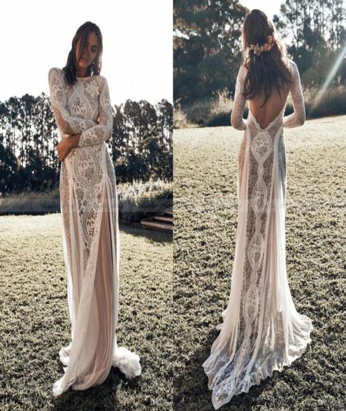 

vintage lace boho beach wedding dresses long sleeve applique backless country style bohemian wedding dress bridal gowns hippie gyp3193657, White