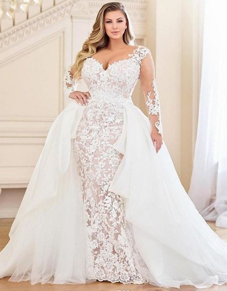 

elegant long sleeves lace mermaid wedding dresses with detachable train back lace-up corset plus size bridal gowns sheer neck champagne and, White