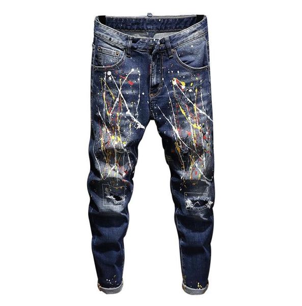 

men039s jeans fashion mens hip hop casual ripped distressed skinny denim pants small straight paint splashing hole4414906, Blue