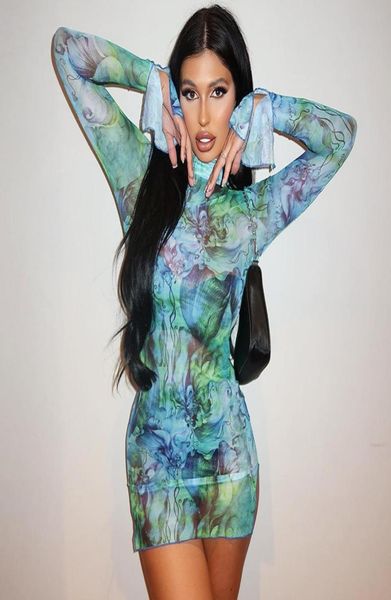 

casual drs summer women mesh y2k cloth tie dye print long sleeve side slit bodycon mini dress outfits club party5491473, Black;gray