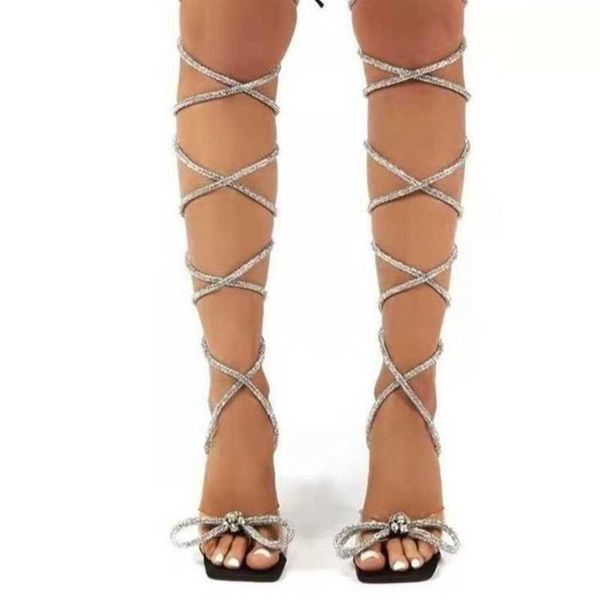 

sandals summer new strappy thigh high over the knee heels women shoes fashion crystal bow party pumps lady slides 230417, Black