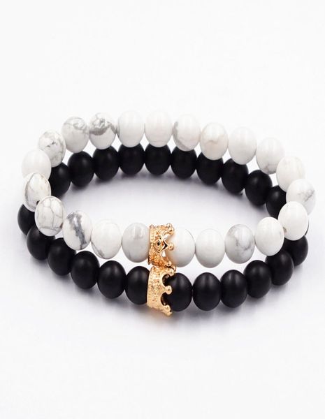 

2pcsset couple bracelets for lovers crown queen charm stone beads bracelets for women and men jewellery gift5987639, Golden;silver