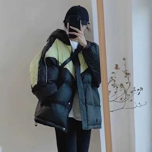 

autumn and winter women hooded loose splicing color contrast down jacket, seasonal warm bread clothing, color contrast design shows vitality, Black