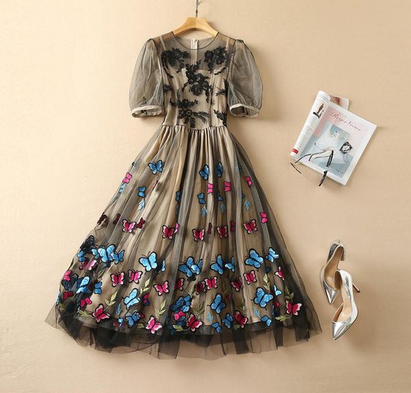 

european and american women039s wear spring 2022 new 5 minutes of sleeve fashion heavy net butterfly embroidered black dress8976057, Black;gray
