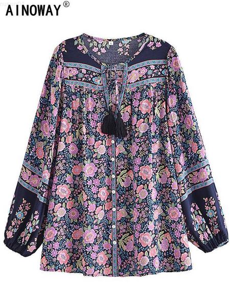 

women's blouses shirts vintage chic fashion women floral printed v-neck long sleeve tassel boho blouse lady rayon shirts summer beach b, White