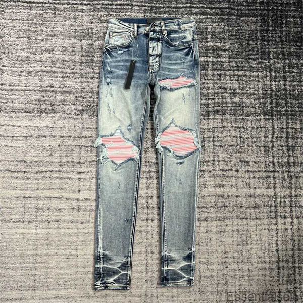 

purple jeans 2023 luxury designers jeans distressed france fashion pierre straight men's biker hole stretch denim pink leather docor ca, Blue