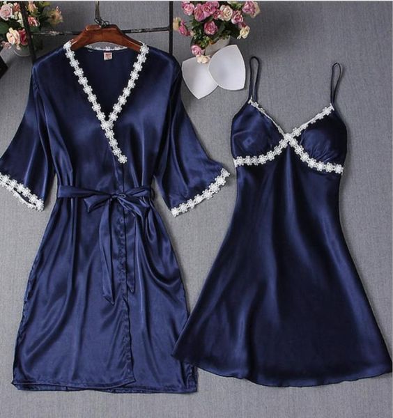 

new satin kimono women039s gorgeous loungewear robe 2pcs per set solid lace up sleepwear nightwear dress6824272, Black;red