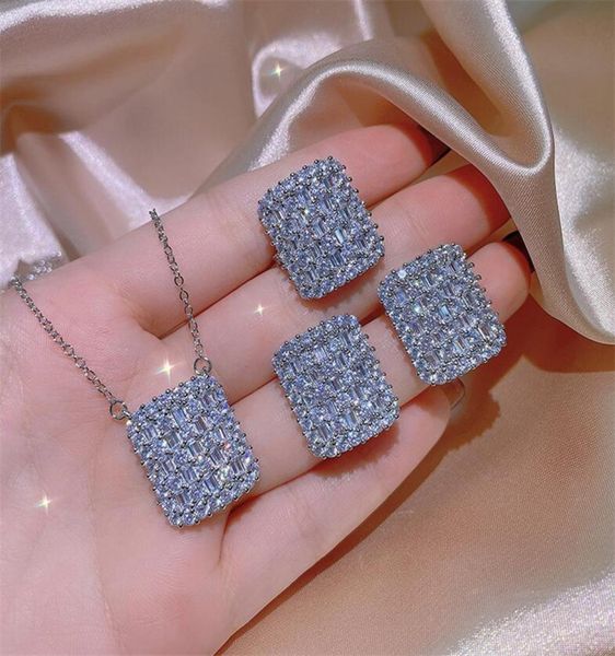 

2021 sell luxury wedding jewelry sets 925 sterling silver ins stud earring t princess cut white z cz diamond women band ri3765506, Slivery;golden