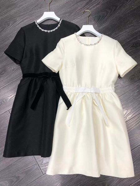 

australian designer dress women designer clothing with studded round neck short sleeved velvet bow tie dress, Black;gray