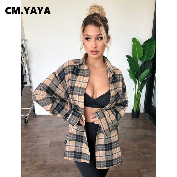 

women's blouses shirts cm.yaya streetwear women plaid long sleeve button up turn-down neck classic blouses and shirts l230712, White