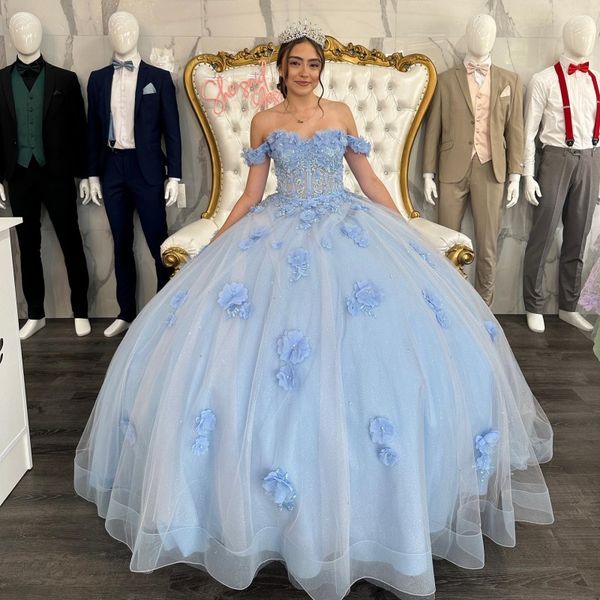 

luxury sky blue quinceanera dresses 2023 ball gown floral applique crystal 3dflower sweet 16 dresses lace-up birthday party, Blue;red