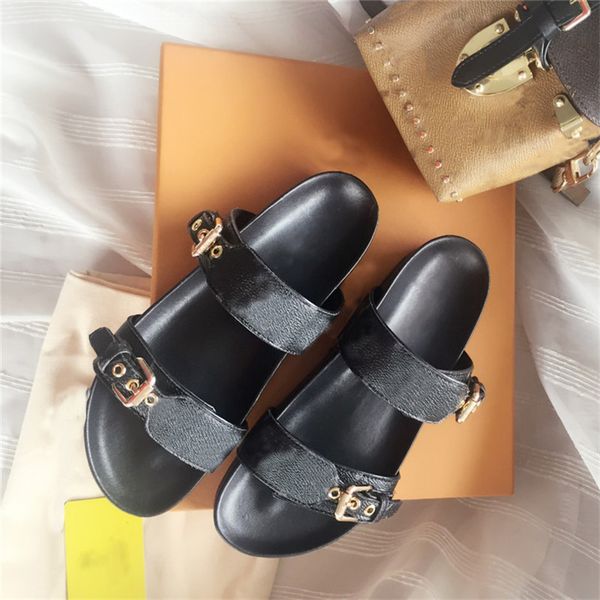 

designer luxury mirabeau line leather sandals buckle bom dia flat mule with box quality, Black