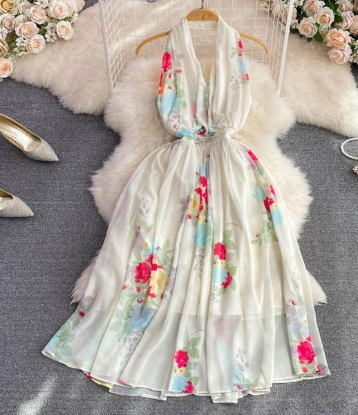 

casual dresses summer beige halter floral printed dress women elegant vacation beach robe female high waist sleeveless aline9477468, Black;gray