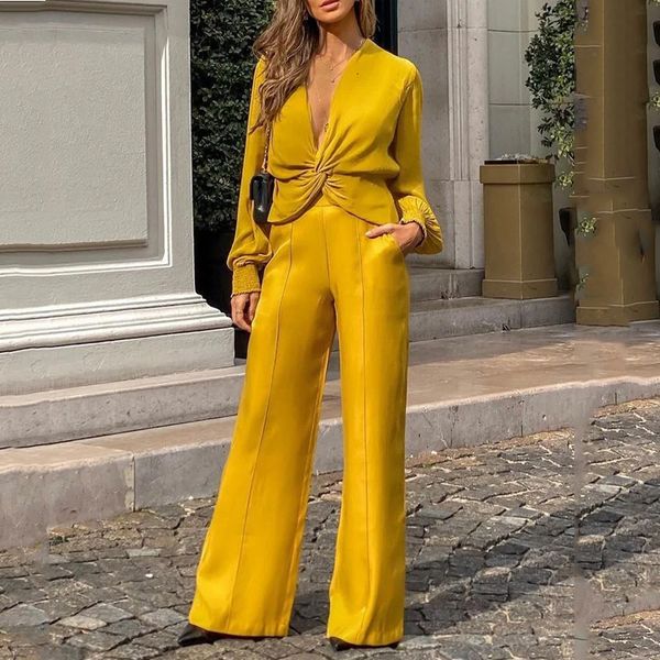 

women's two piece pants liyong women's two piece fashion long sleeve v-neck solid pleated loose pocket wide leg pants set high str, White