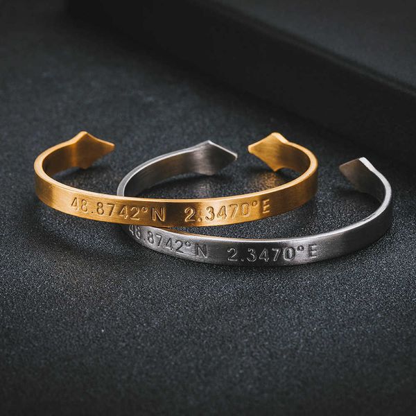 

jewelry trendy brand double arrow stainless engraved with letters longitude and latitude numbers couple titanium steel bracelet opening, Golden;silver