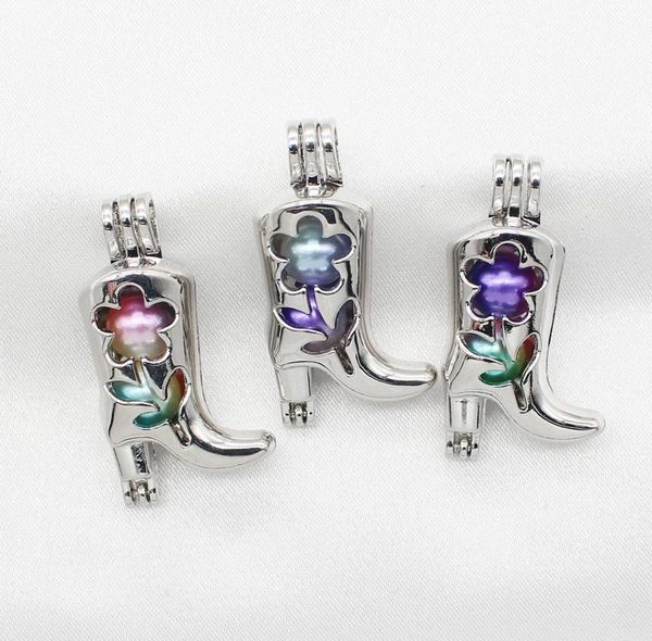 

silver plated flower high heel boots oyster pearl cage pendant essential oil diffuser jewelry bead cage lockets charms1945298