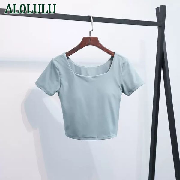 

al0lulu yoga clothing women's sports with chest pads tight-fitting navel u-shaped nude running t-shirt fitness short-sleeved