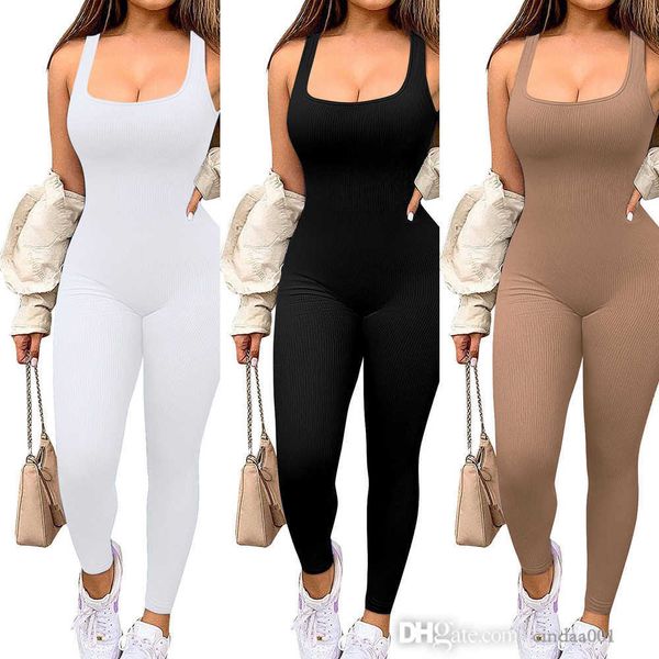 

women's solid color sleeveless vest jumpsuit with threaded square neck open back buttocks and slim fitting sports rompers, Black;white
