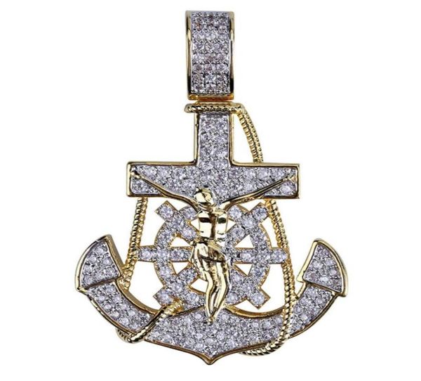

new arrived 18k gold plated cross anchor necklace pendant with 4mm tennis chain rope chain iced out full zircon mens jewelry2538046, Silver