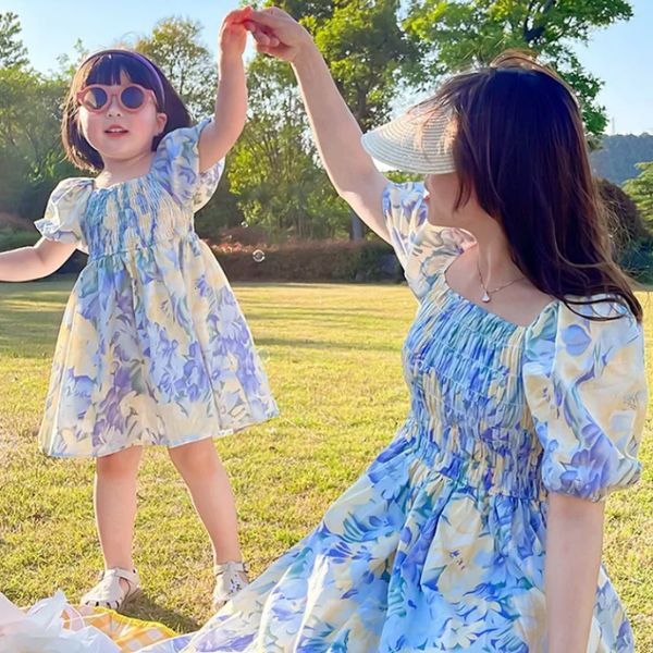 

family matching outfits summer mother kids chiffon floral dress mom and daughter matching clothes women baby girl clothes family matching ou, Blue