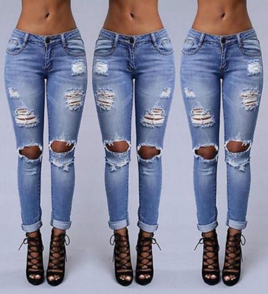 

whole fashion women ladies jeans ripped skinny denim hole cut high waisted trousers7808629, Blue