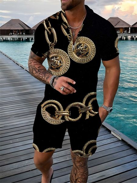 

men's tracksuits fashion summer tracksuit short sleeve polo shirt set luxury chain print clothing 2 pieces casual suit streetwear outfi, Gray