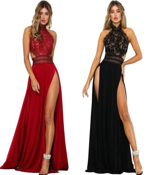 

dress summer women slit lace high waist off shoulder black red slip silk long dress party club zst0899565707, White;black