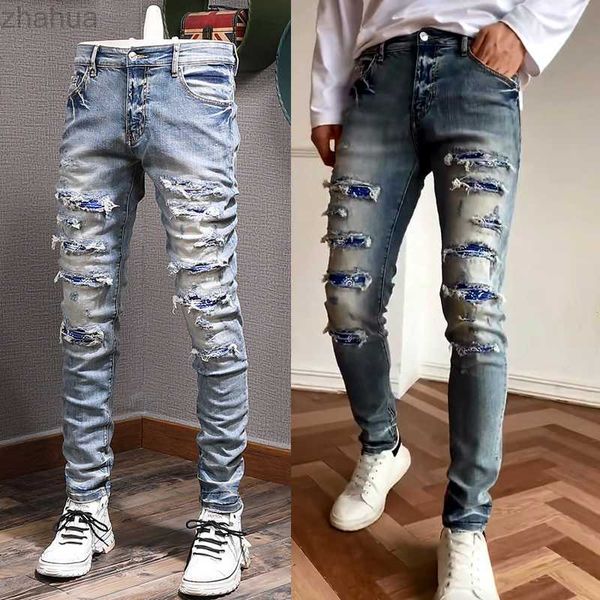 

broken jeans men's skinny fit paneled stretch denim trousers in blue
