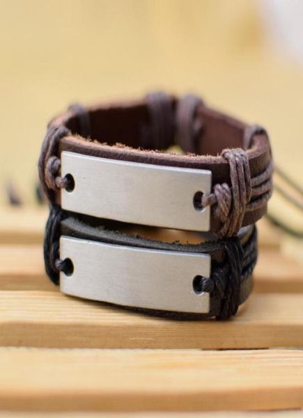 

supply cool new genuine leather bracelet jewelry bangle cuff pewter metal blank plate charm bracelets 6744548, Golden;silver