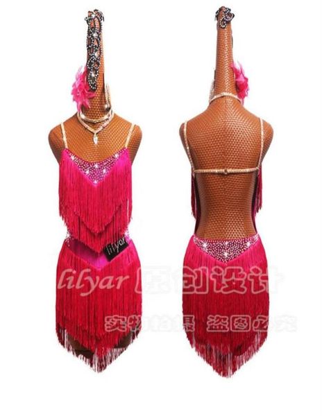 

sparkly heavy metal stage wear rhines latin dance dresses women backless salsa fringe tassel skirt stage dress ballroom competition clothes4, Black;red
