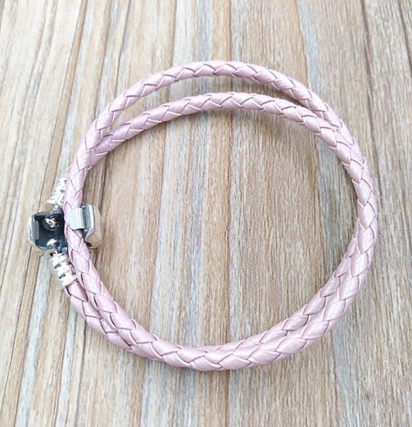 

moments double woven leather bracelet - pink authentic 925 silver fits european style jewelry charms beads handmade andy jewel 590705cmp-d13, Golden;silver