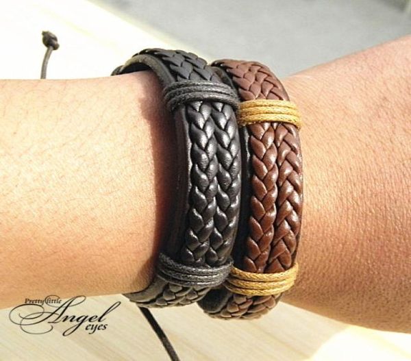 

double genuine leather wrap braided bracelets wide punk bangle hemp wristband fashion men women handmade new whole 12pcs1233535, Golden;silver