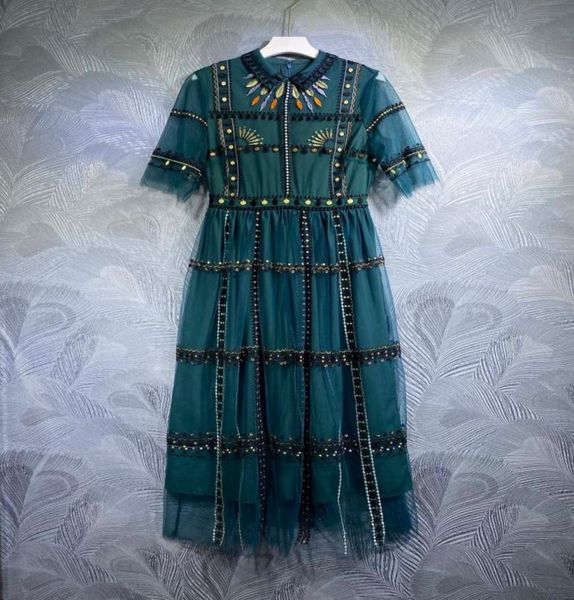 

spring and summer new lapel mesh embroidered long dress0124386876, Black;gray