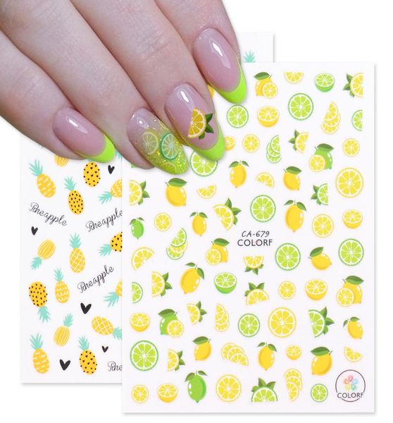 

3d lemon pineapple nail art yellow stickers nails decals summer adhesive colorful fruit papaya manicure slider foil chca6756816834316, Black