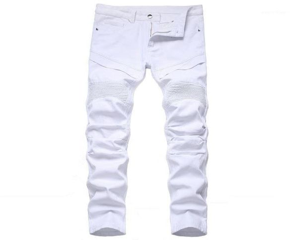 

men039s jeans white pleated men patchwork moto biker style casual solid color full length fashion straight denim trousers12025970, Blue