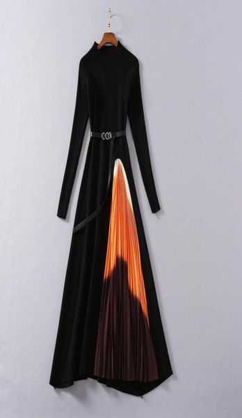 

2021 spring luxury long sleeve dress black solid color round neck belted pleated knitted midcalf runway dresses j272311262599762