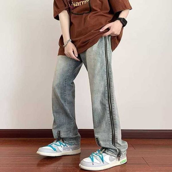 

designer casual jeans trousers high street fashion american autumn zipper jeans men's youth autumn and winter simple straight fit micro, Blue