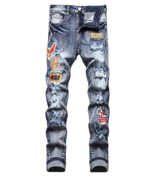 

mens jeans holes frayed hiphop ripped embroidery flag badge paint denim pants blue slim streetwear distressed moto biker jeans mal1029927