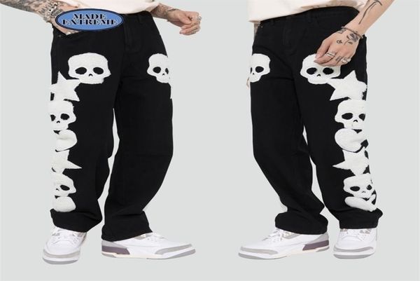 

blackair skulls pattern baggy jeans skeleton embroidery for men hip hop high street cargo black dy815 2203286094830, Blue