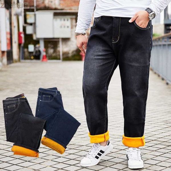 

casual jeans designer men's plus size plus fat guy plus fleece plus thick elastic jeans men's large plus fleece straight leg pants, Blue