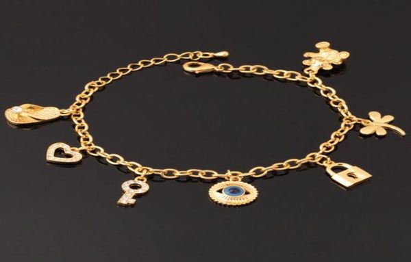 

18k real gold plated evil eyes cute bracelet key lock bear hearts bangles for girls jewelry whole yh51845209586, Golden;silver