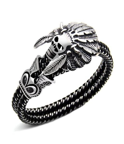 

fashion jewelry double leather bracelet casual personality rock punk titanium steel skull bracelet for men 2018 new 1500236, Golden;silver
