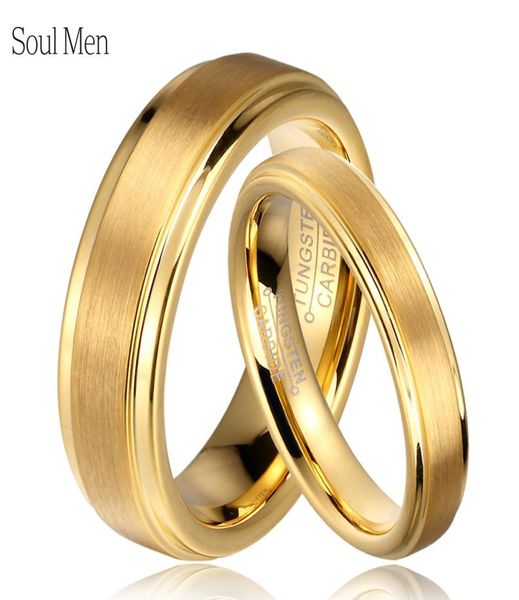 

soul men 1 pair gold color tungsten carbide wedding band rings set for him and her 6mm for men 4mm for women brushed finish j190715721830, Slivery;golden